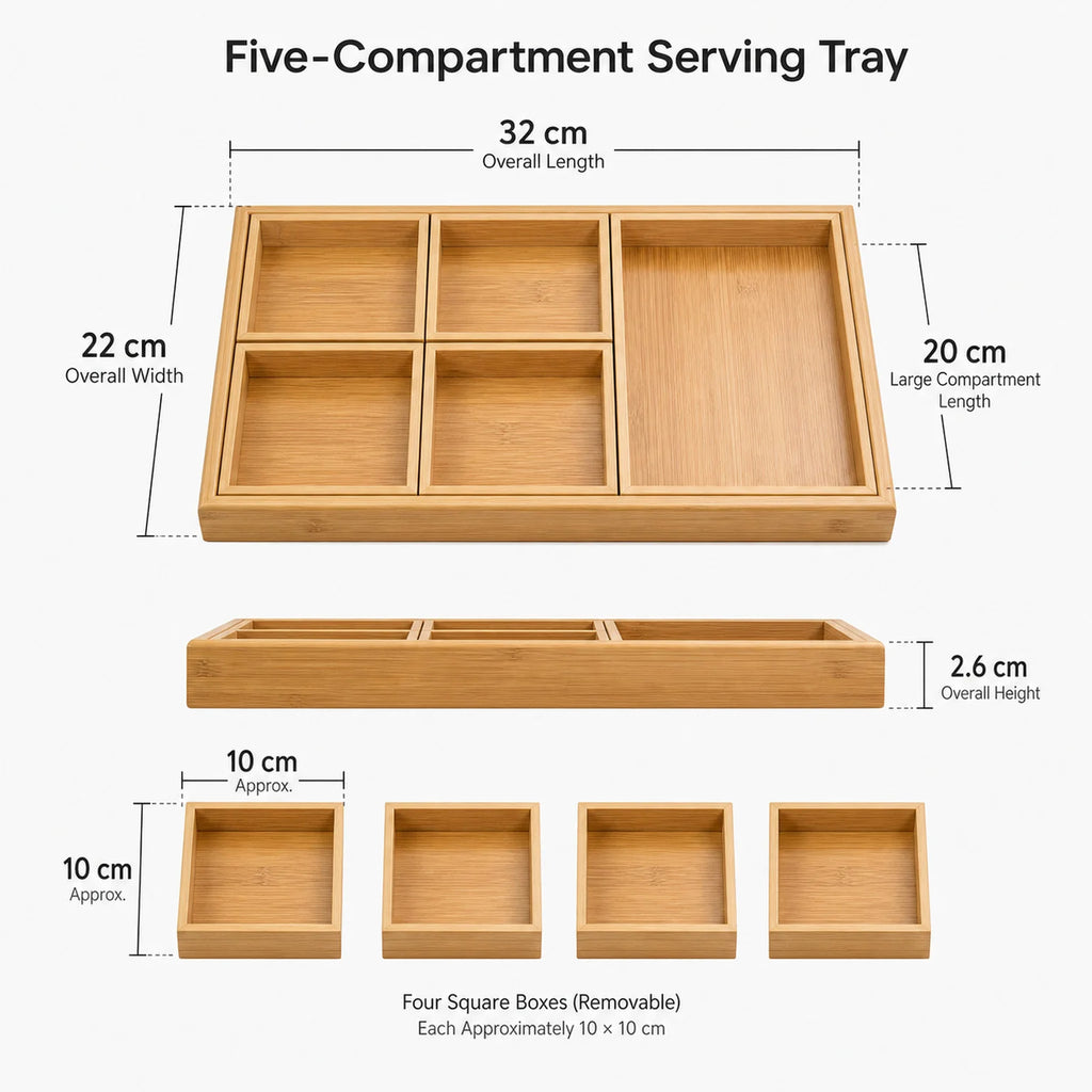 Alice Wooden Compartment Tea Tray - dimensions view