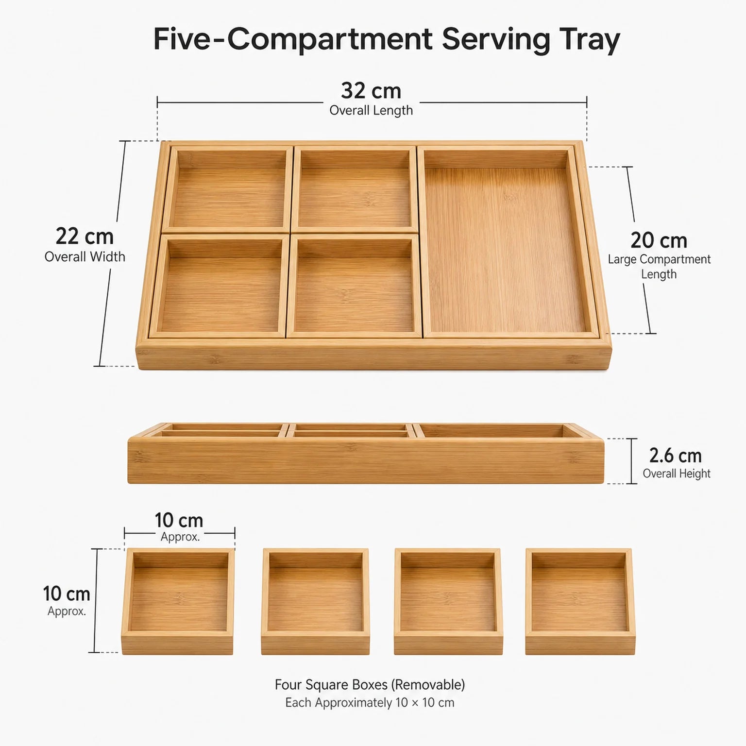 Alice Wooden Compartment Tea Tray - dimensions view