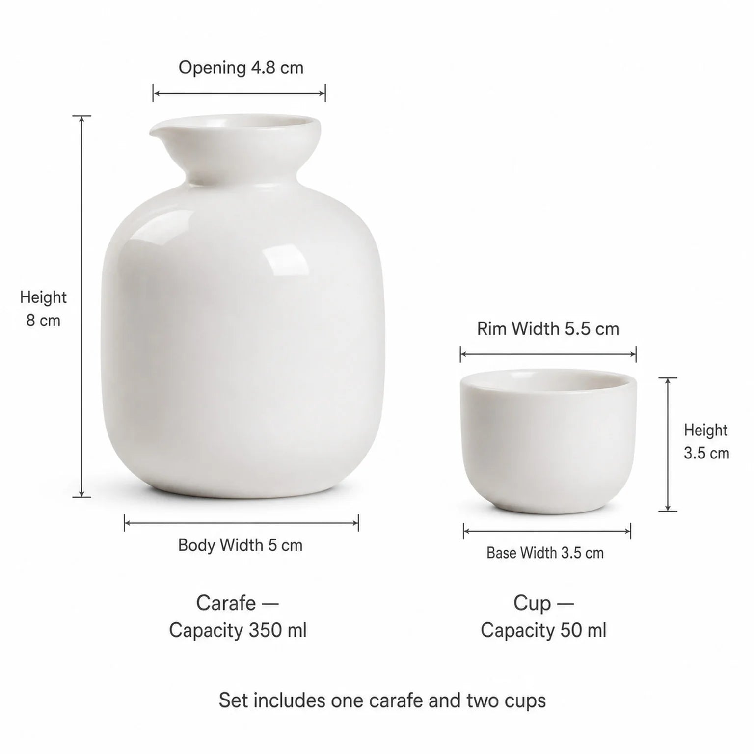 Casper Ceramic Carafe and Tea Cup Set - dimensions view