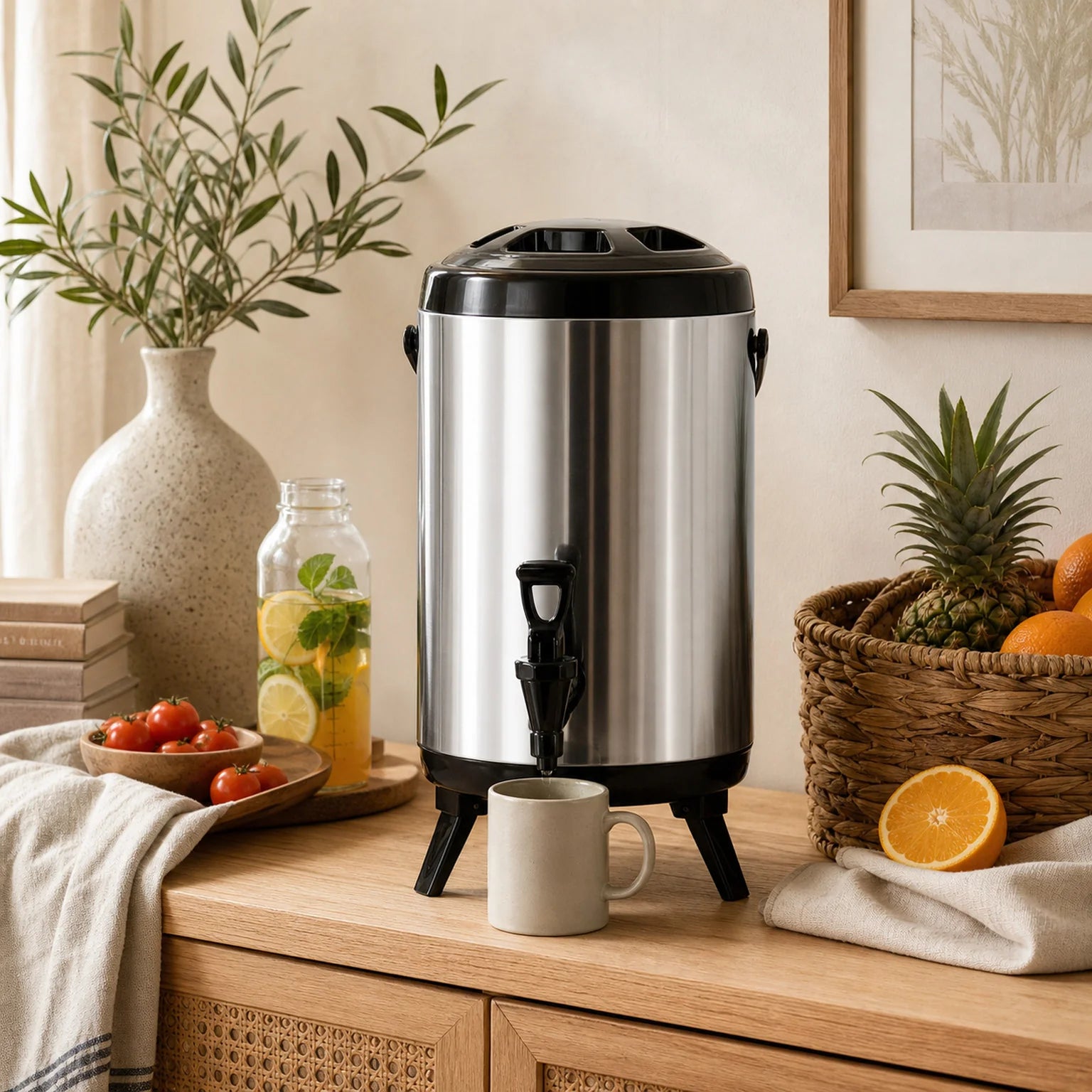 Cora Stainless Steel Beverage Dispenser - lifestyle view