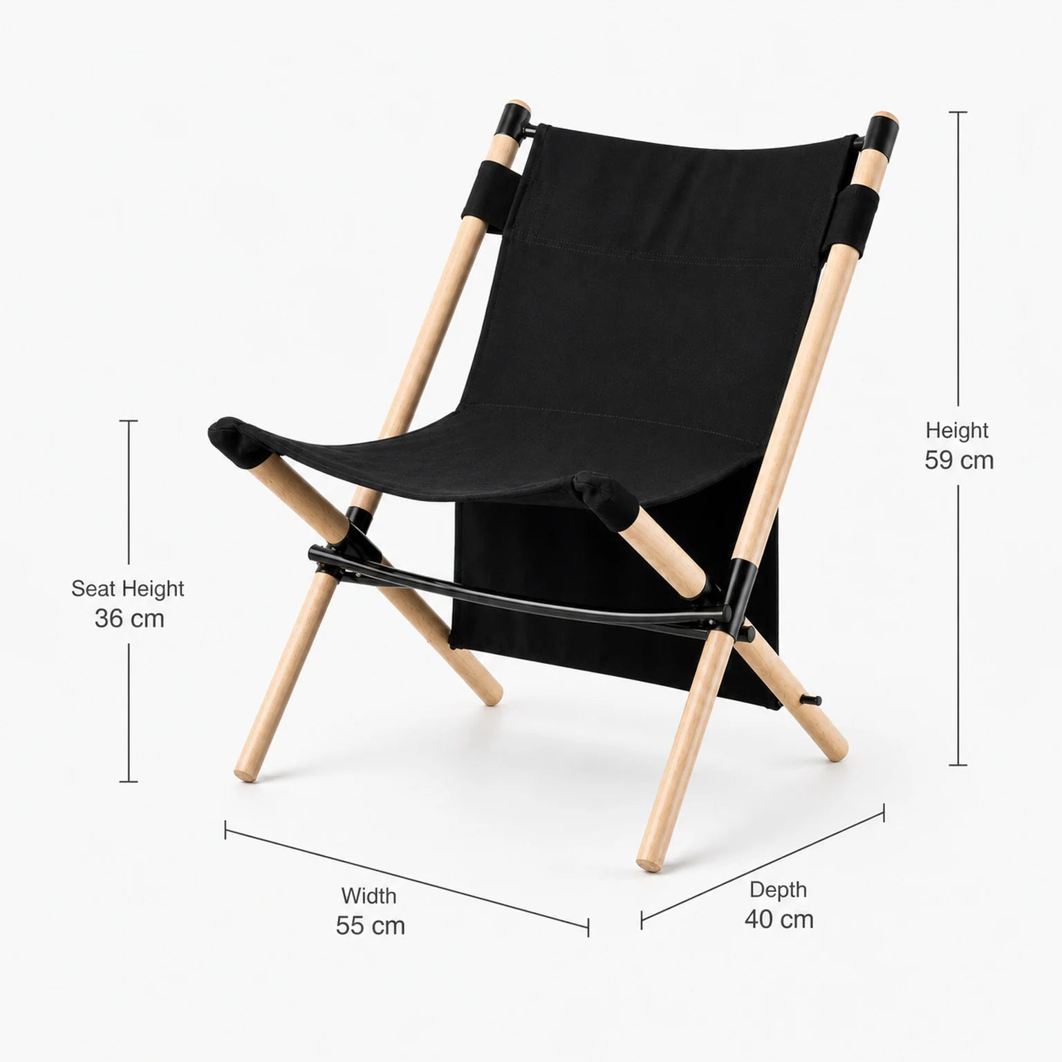 Elias Folding Directors Chair Made of Wood and Fabric - dimensions view