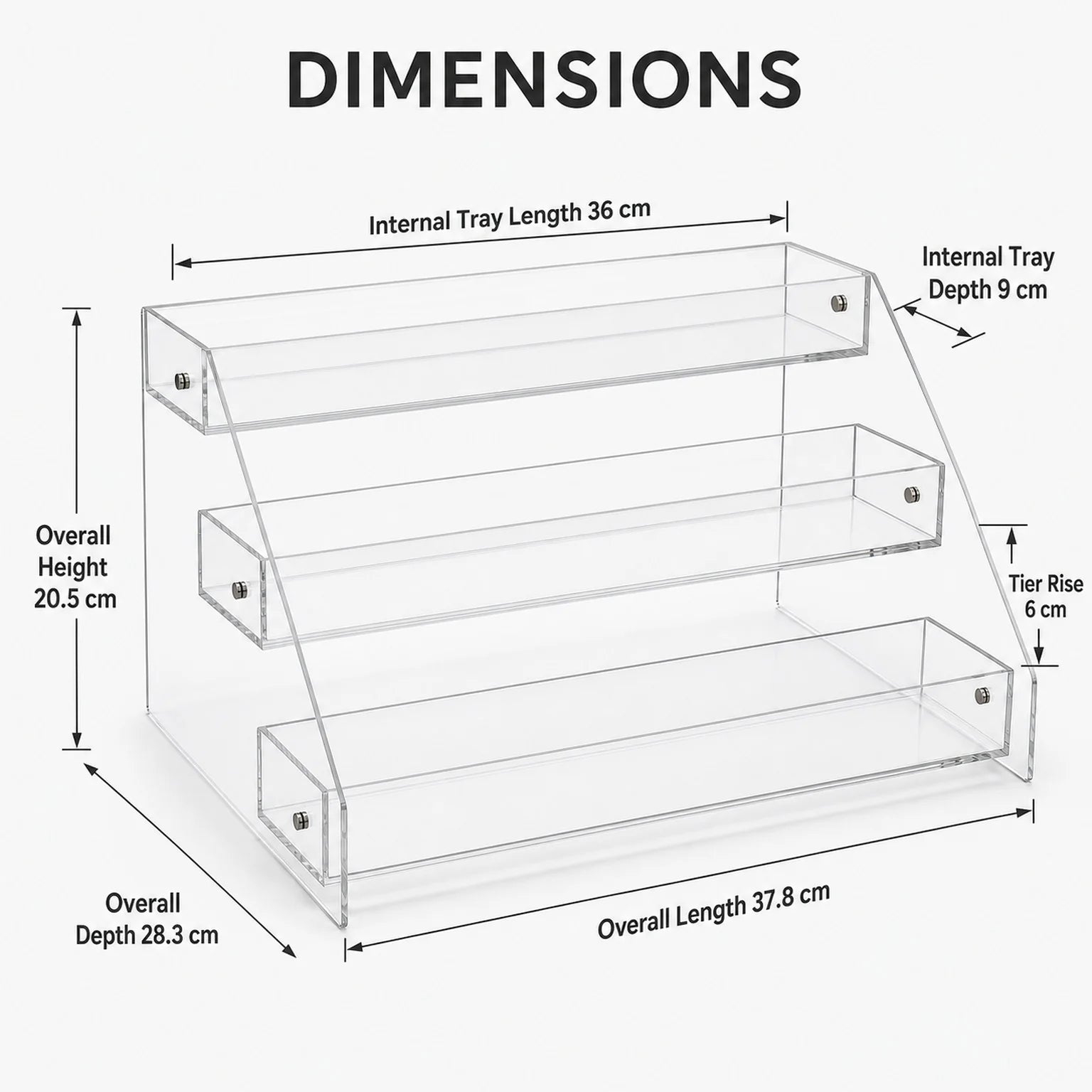 Elise Three-Tier Acrylic Countertop Display Stand - dimensions view