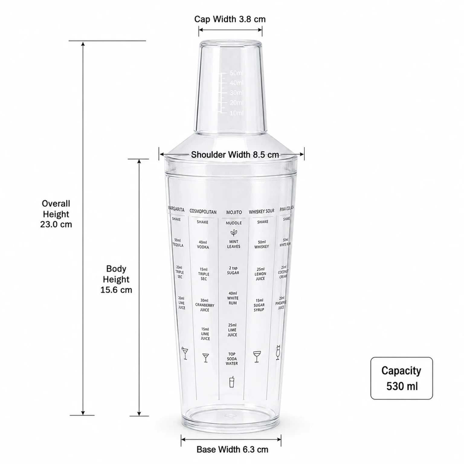 Jonas Three-Piece Cocktail Shaker - dimensions view