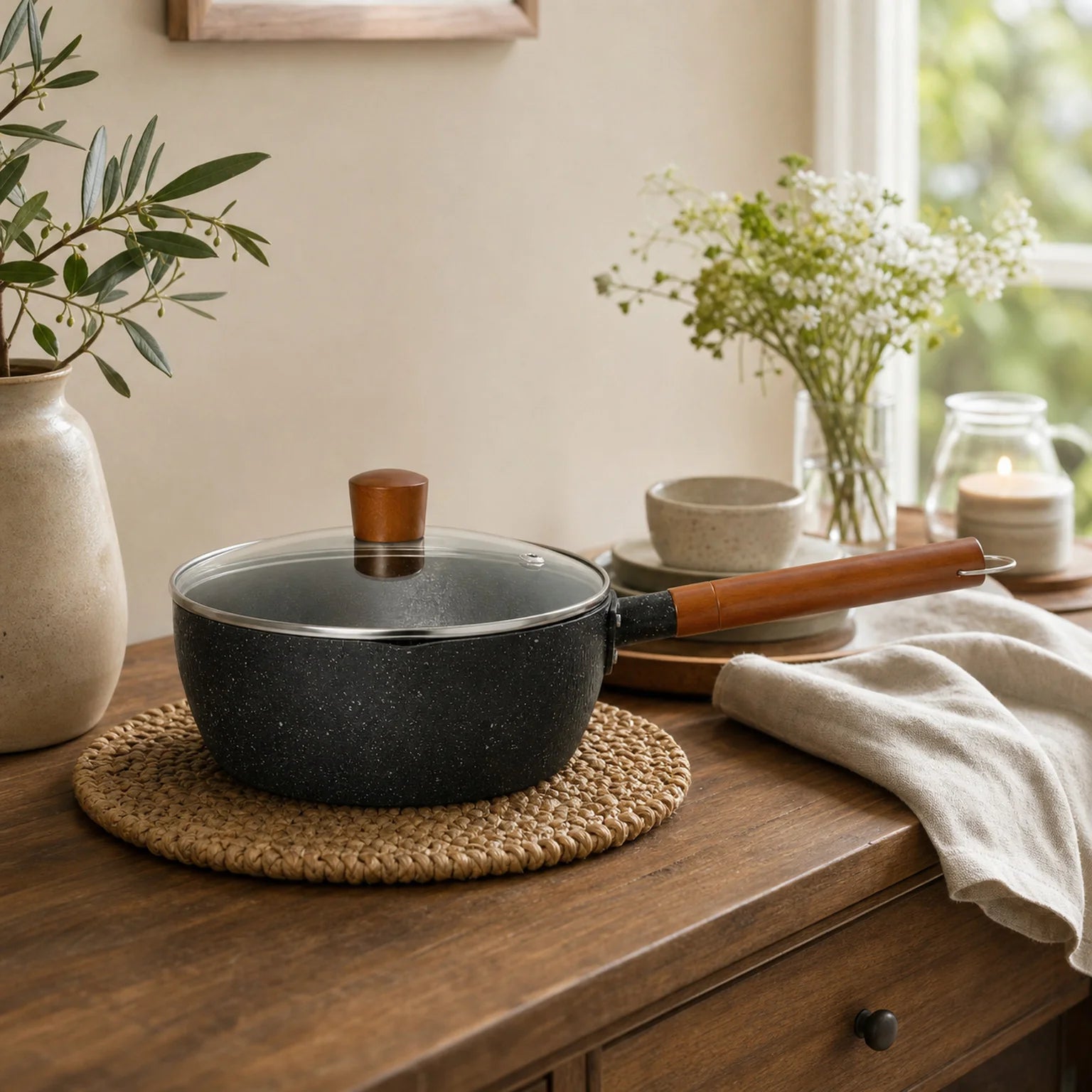 Leo Speckled Saucepan Including Glass Lid - lifestyle view