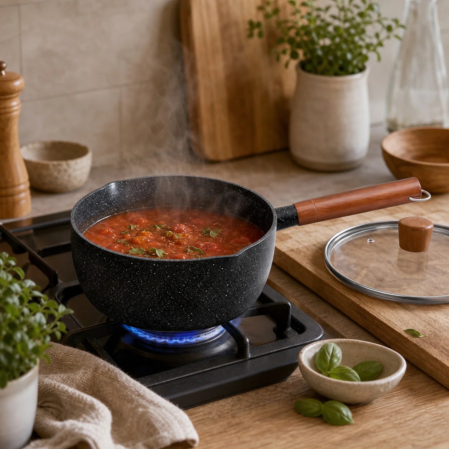 Leo Speckled Saucepan Including Glass Lid - lifestyle view