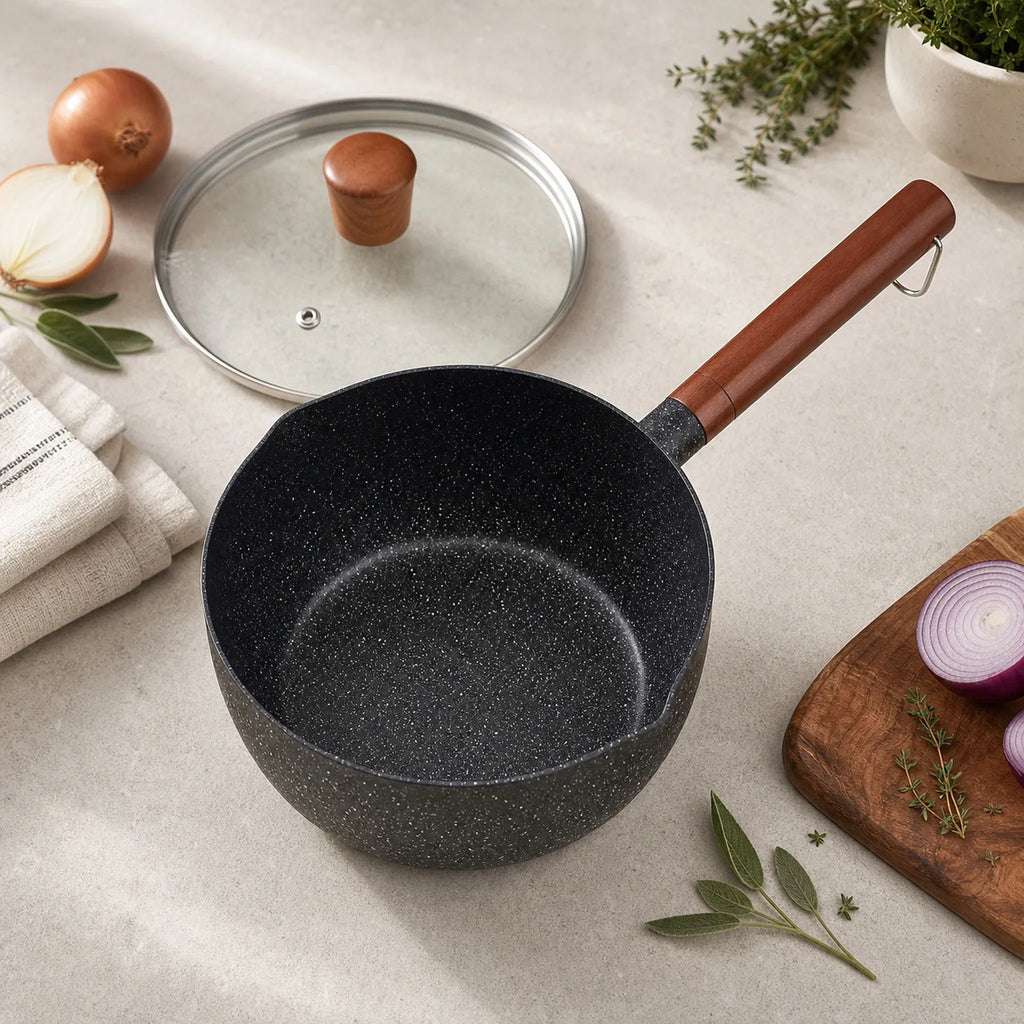 Leo Speckled Saucepan Including Glass Lid - lifestyle view