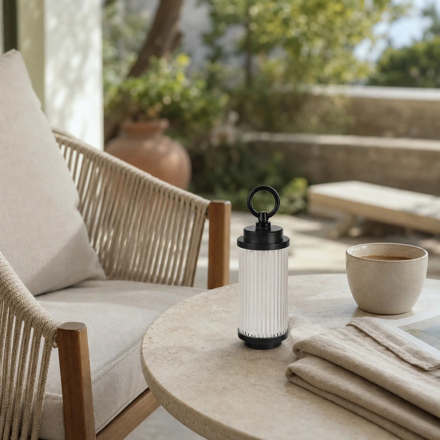 Louise Ribbed Portable Lantern, Hanging Ring - lifestyle view