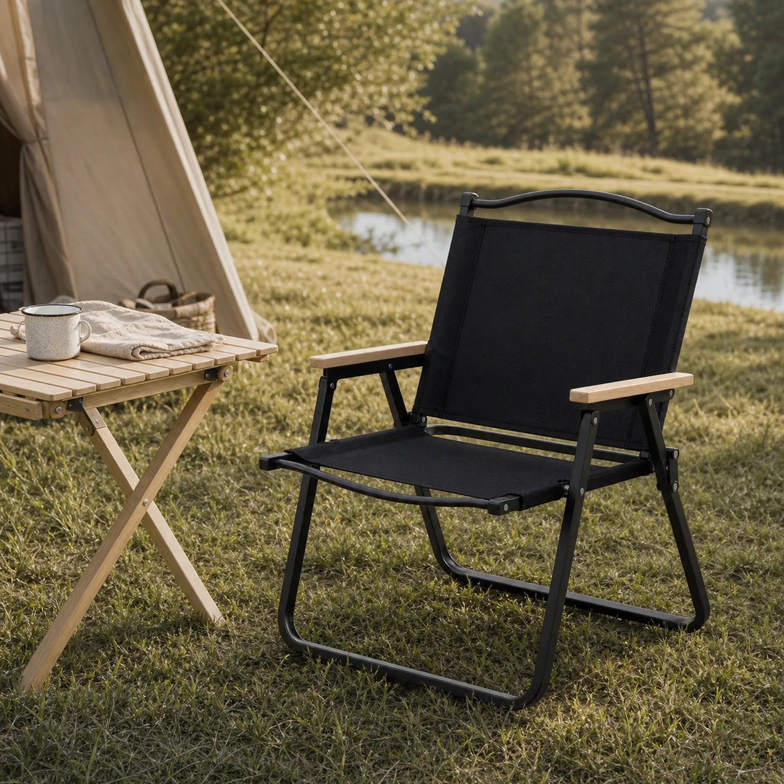 Marta Folding Camping Chair Made of Metal and Wood - lifestyle view