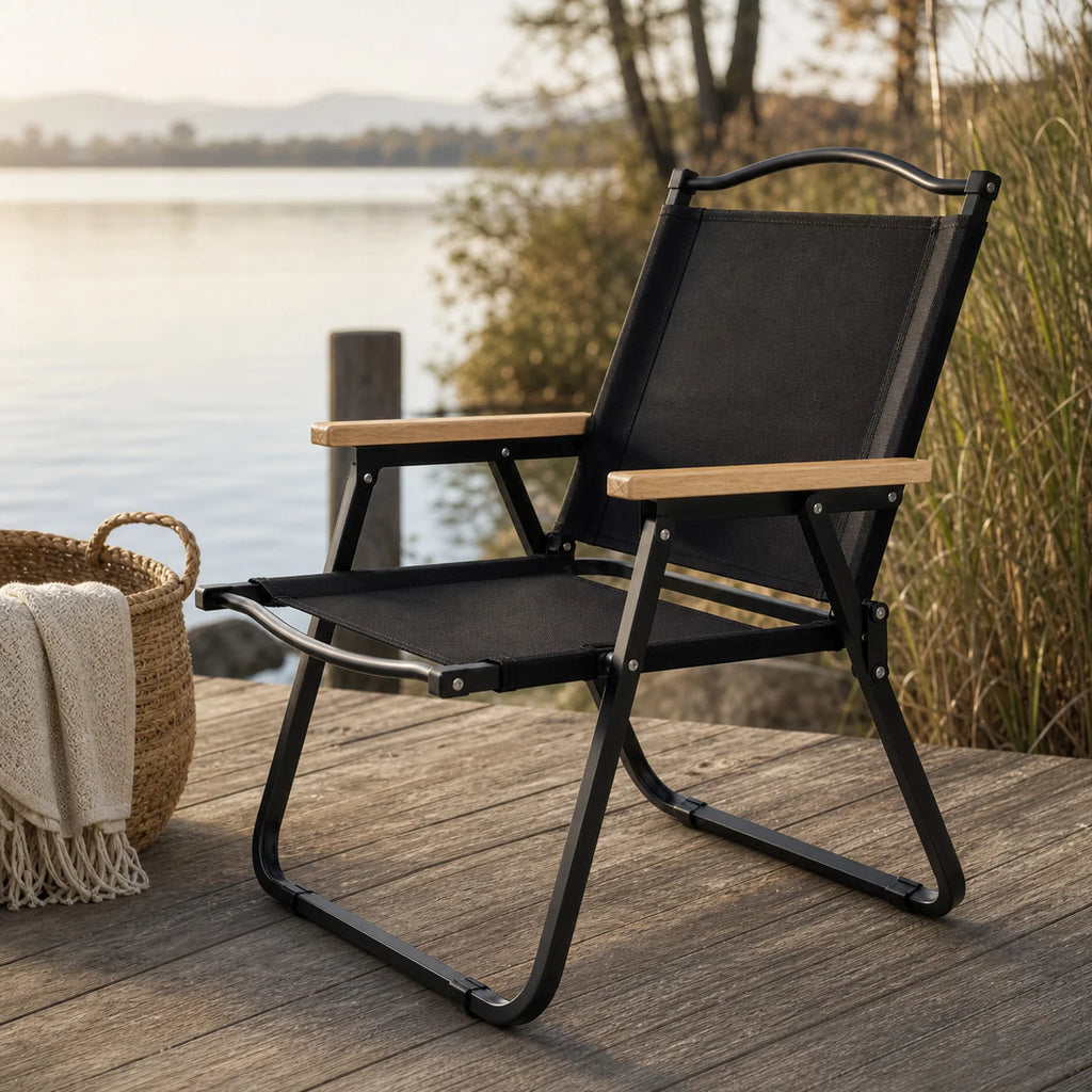 Marta Folding Camping Chair Made of Metal and Wood - lifestyle view