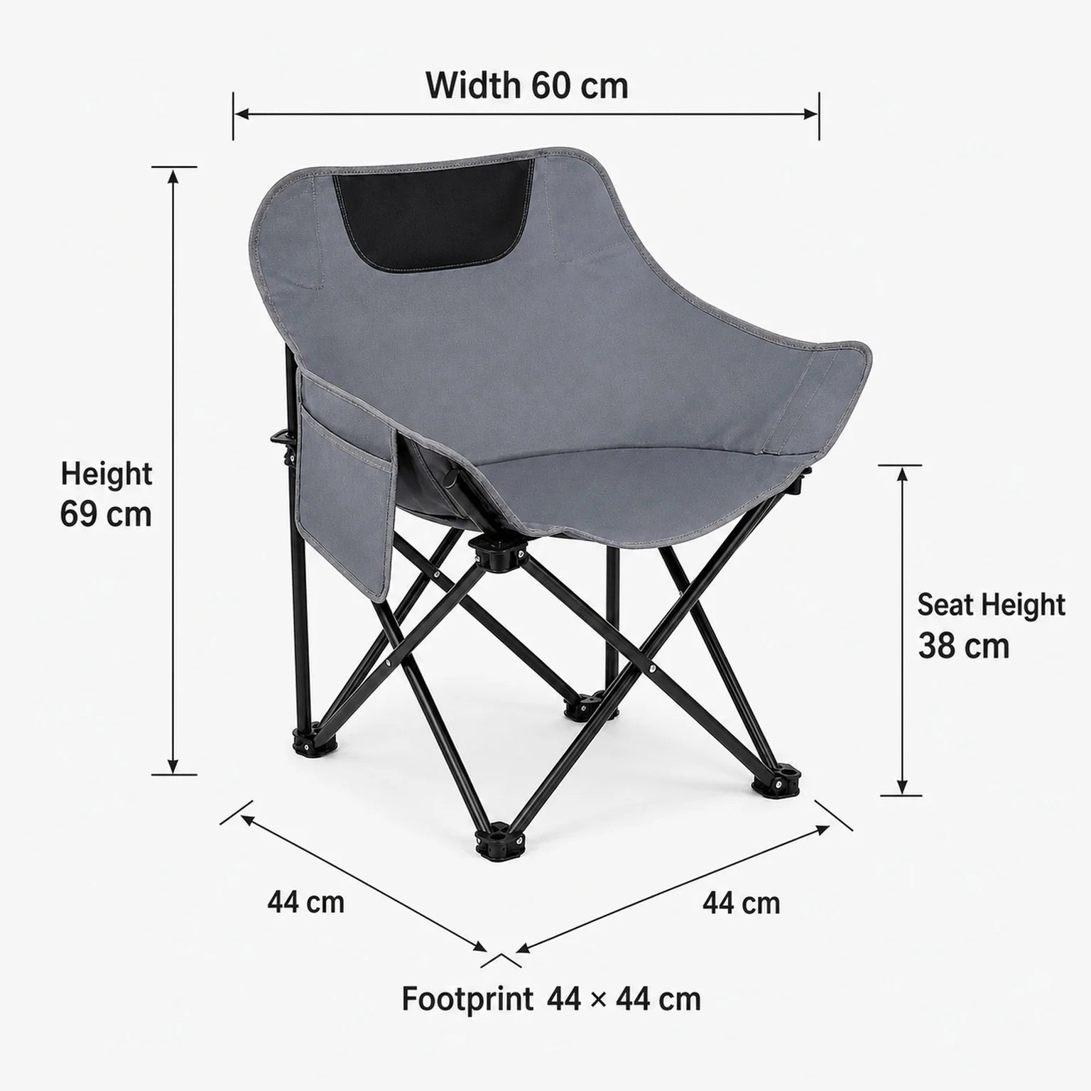 Theo Folding Moon Chair Including Carry Bag - dimensions view