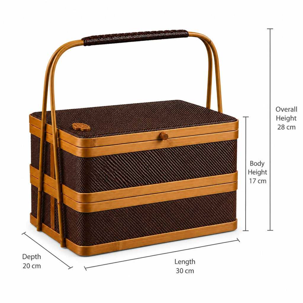 Vera Two-Tier Woven Storage Basket Including Lid - dimensions view