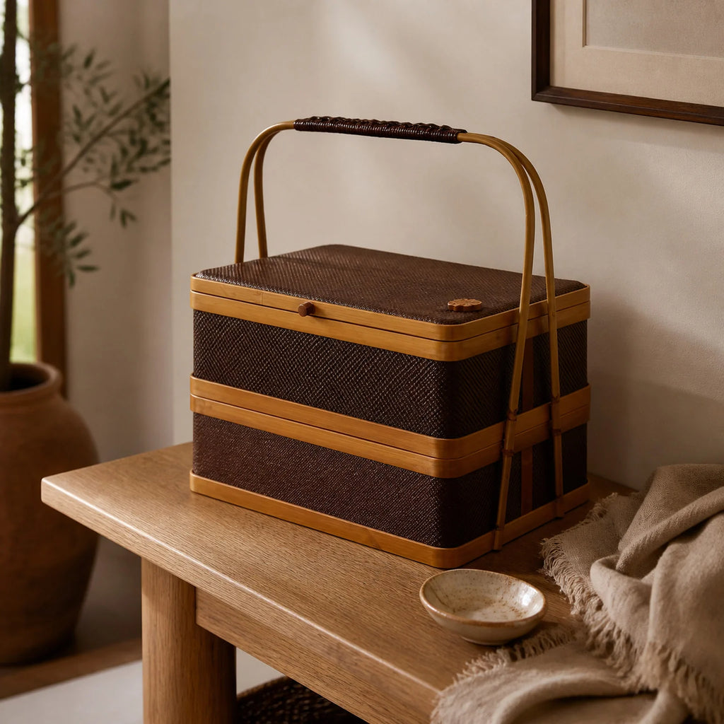 Vera Two-Tier Woven Storage Basket Including Lid - lifestyle view