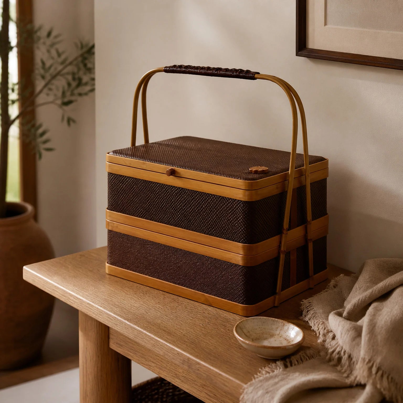 Vera Two-Tier Woven Storage Basket Including Lid - lifestyle view
