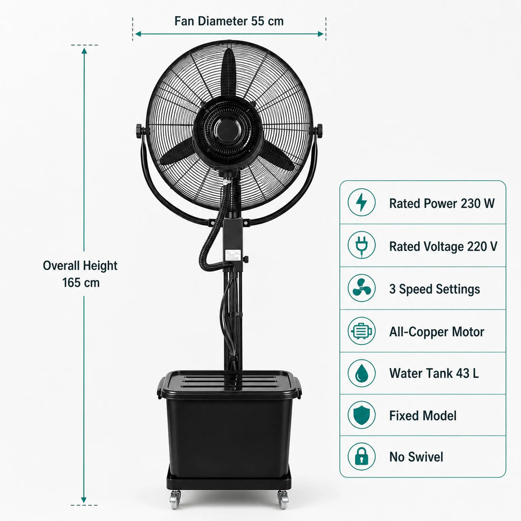 Zoe Commercial Pedestal Misting Fan - dimensions view