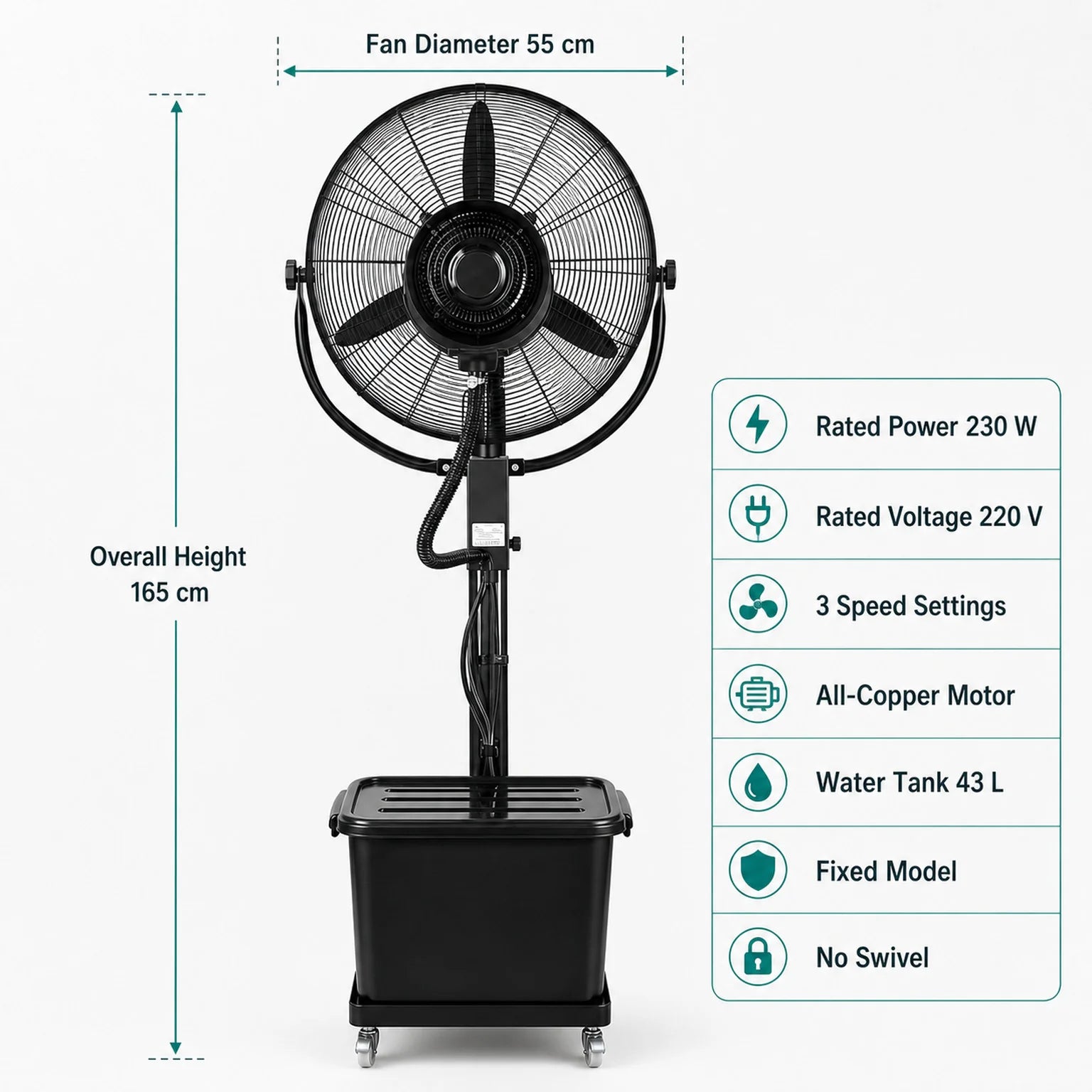 Zoe Commercial Pedestal Misting Fan - dimensions view