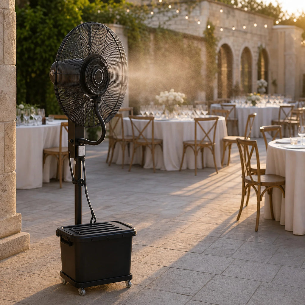 Zoe Commercial Pedestal Misting Fan - lifestyle view