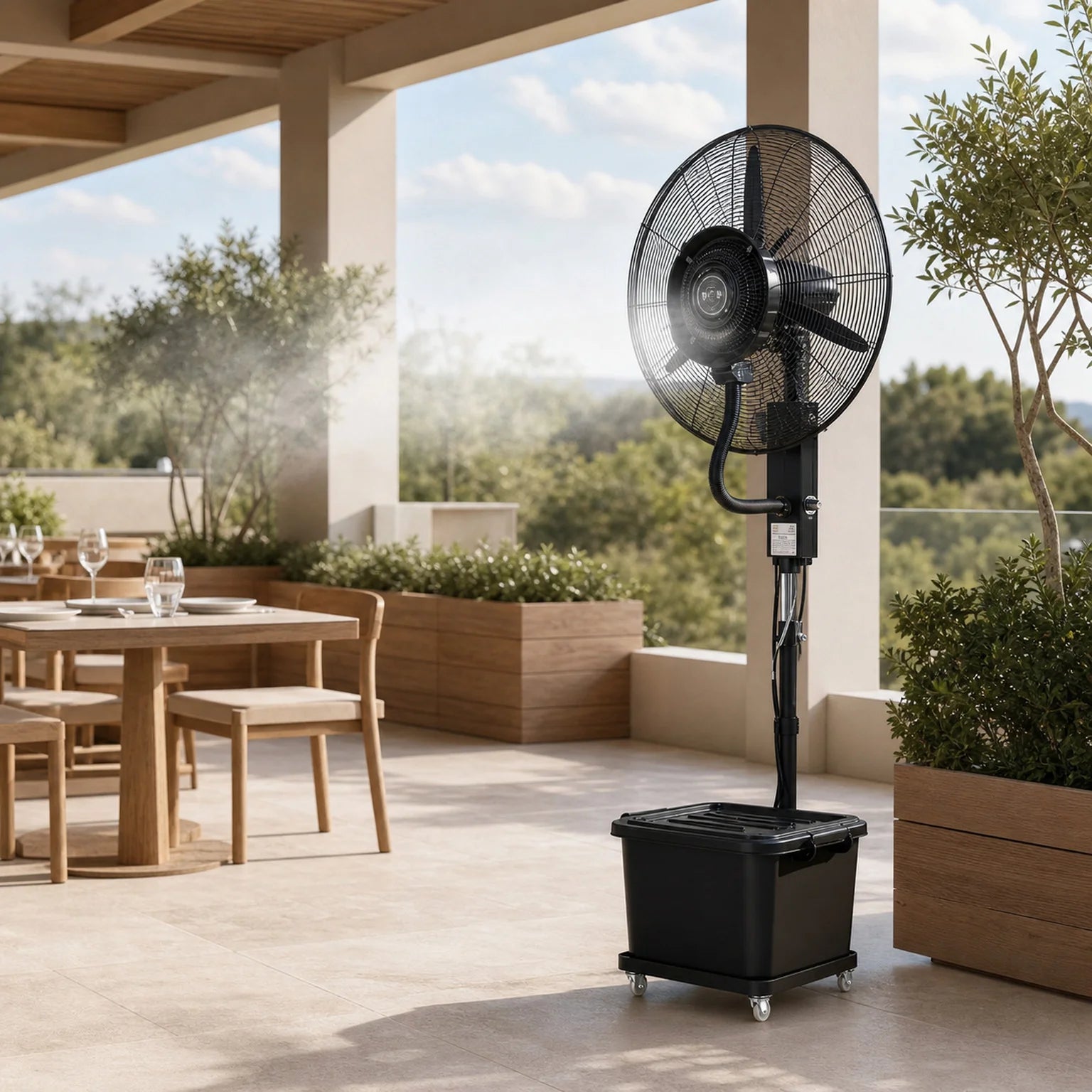 Zoe Commercial Pedestal Misting Fan - lifestyle view