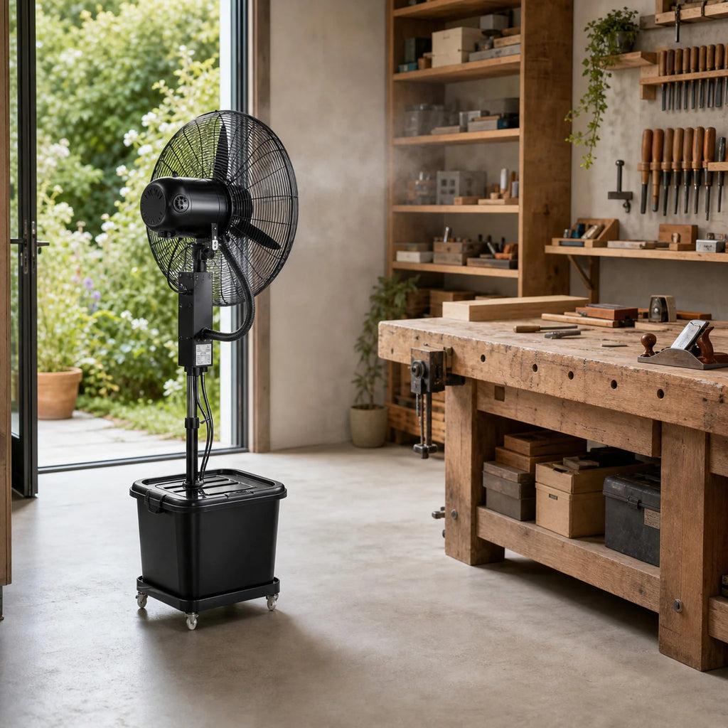 Zoe Commercial Pedestal Misting Fan - lifestyle view